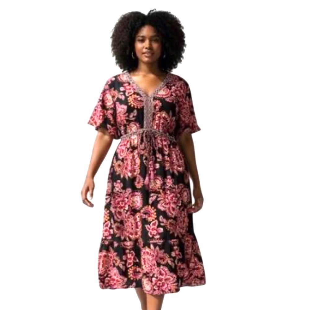 BloomChic Plus Sz 14-16 Pink Paisley Floral Boho V-Neck Midi Dress Botanical Blk